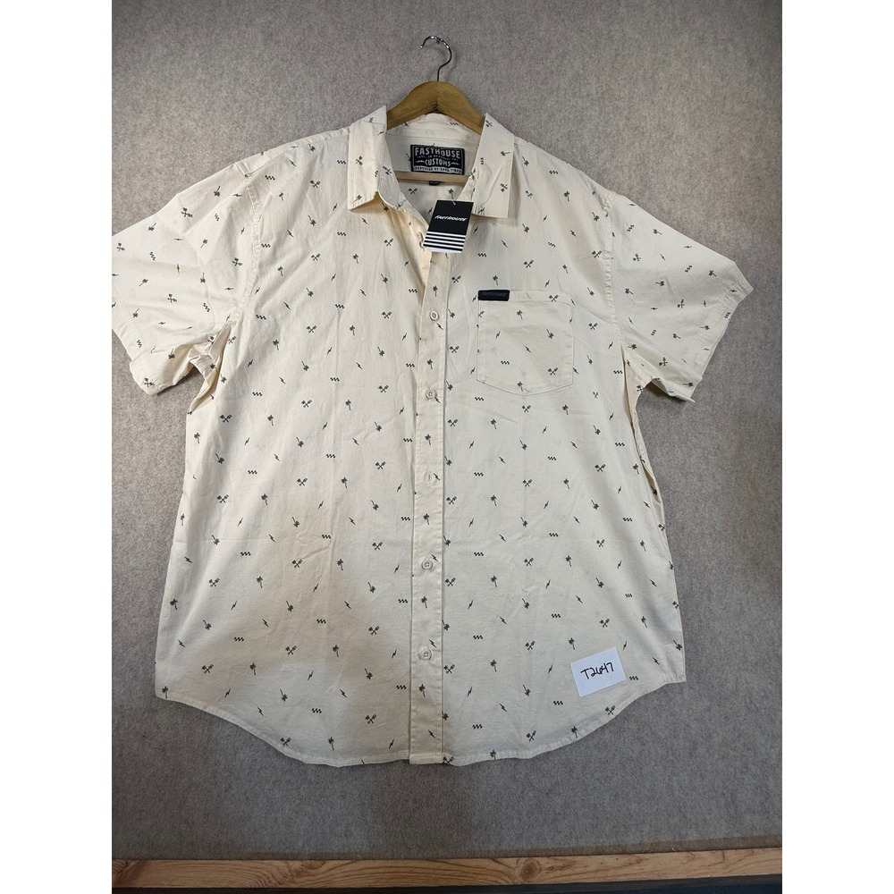 NWT Fasthouse Customs Mens 2XL Cream Palm Tree Lightning Bolt Button Up Shirt